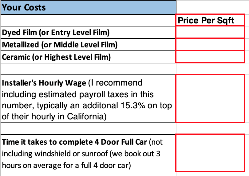 Profit, Cost, & Pricing Calculator for Auto Tinting
