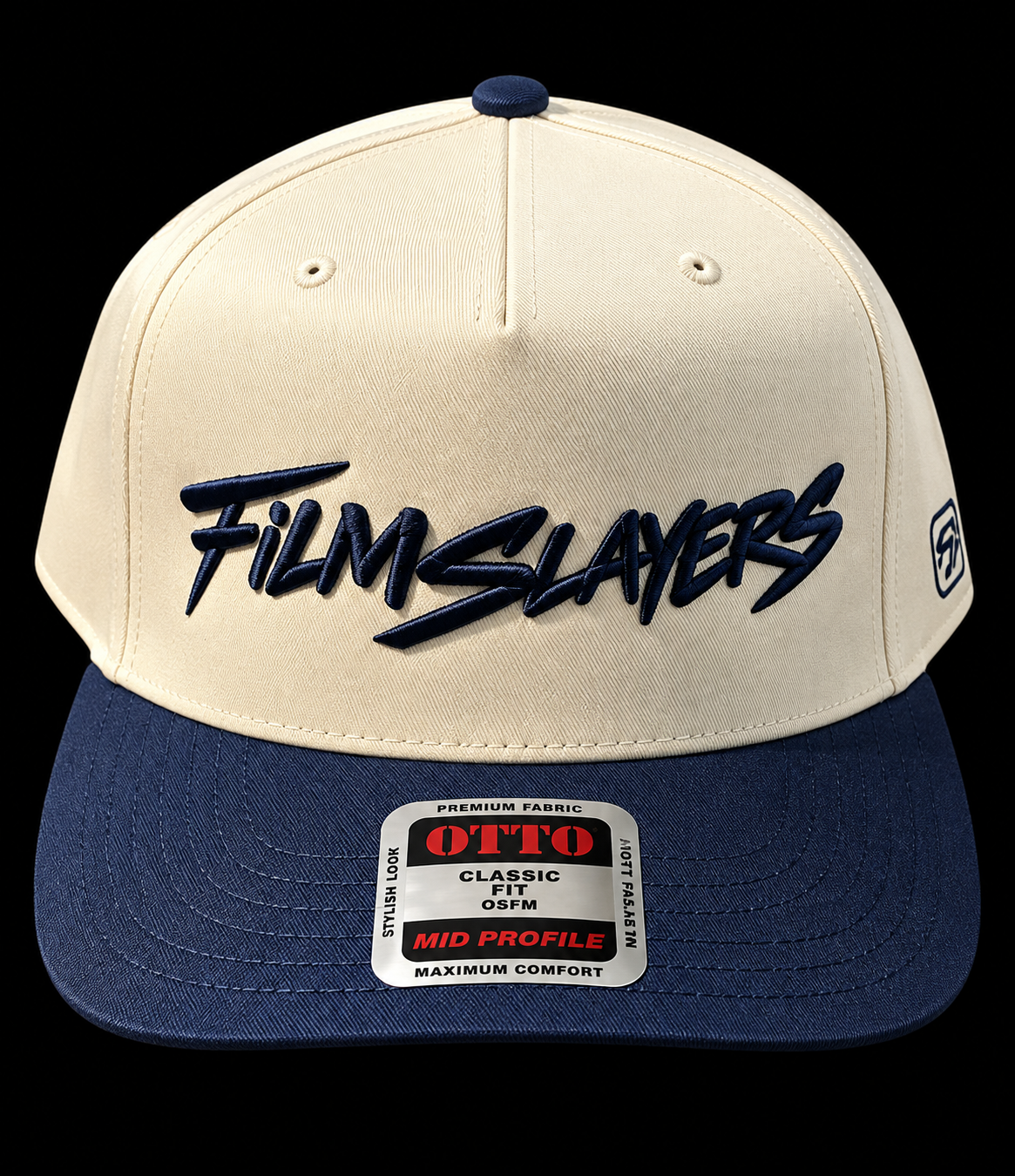 Night Sky Film Slayers hat, navy blue and cream snapback